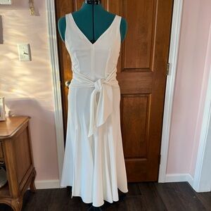 cinq a sept Cream V-Neck Midi Dress with Waist Tie